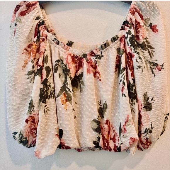 Lush Romantic Floral Off-Shoulder Blouse — Textured Swiss Dot | Size S - Picture 2 of 8